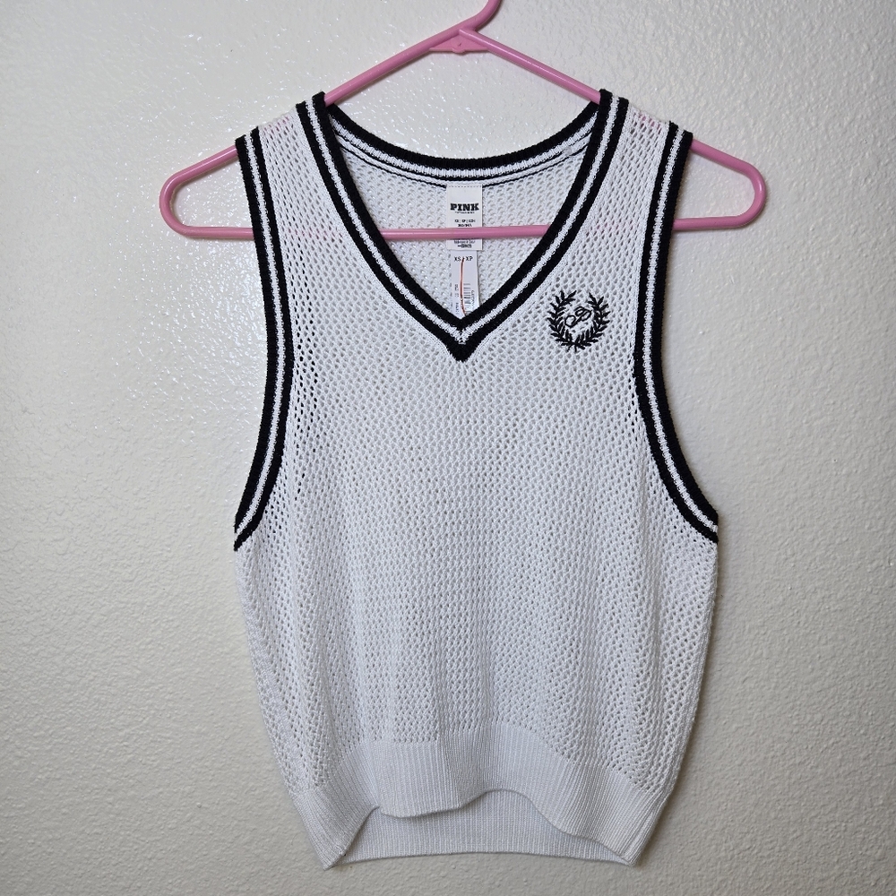Victoria's Secret PINK Cambridge Knit Cropped Vest Top Tennis V Neck XS White